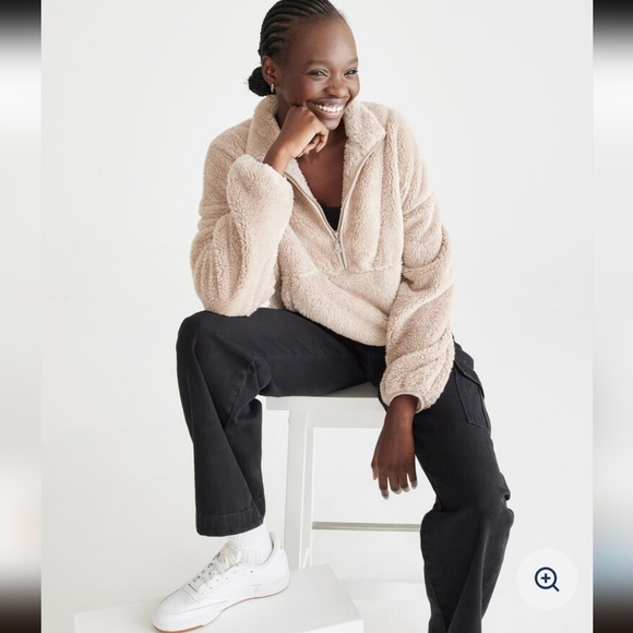 Aeropostale NWT Sherpa Fleece Half-Zip Pullover Jacket Sweatshirt Tan Size XS - Picture 3 of 14